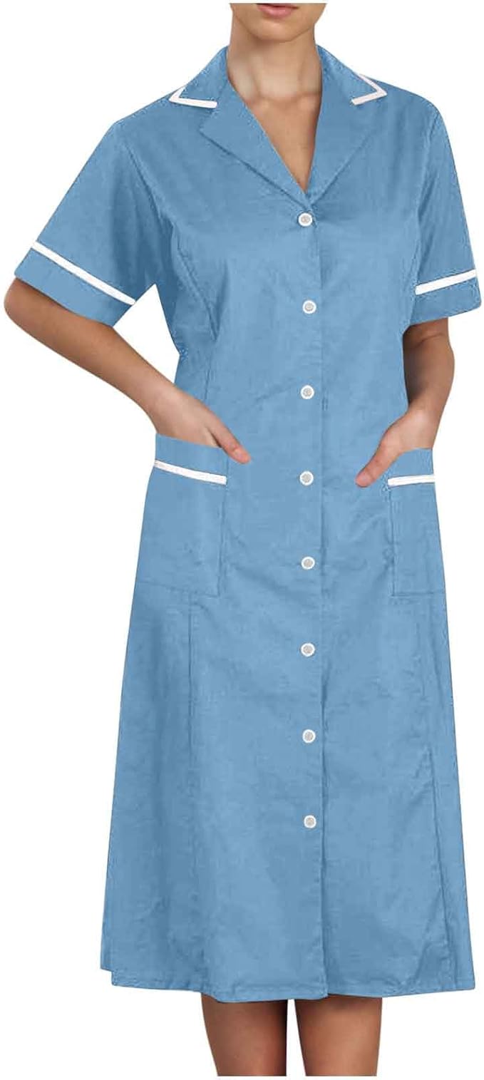 Women's Short Sleeve Work Dress Lapel Button Front Nursing Workwear Casual Housekeeping Scrubs Dress with Pockets