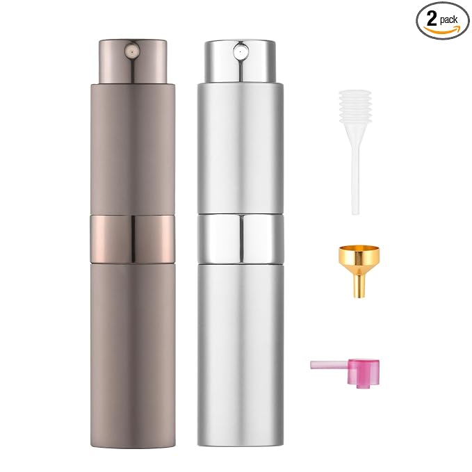 Tekson Travel Perfume Atomizer Refillable, 8ml Spray Bottle, Brown&Sliver | Mini size cologne sprayer, empty fragrance container, fine mist, twist up, leak-proof, portable, for men & women, TSA