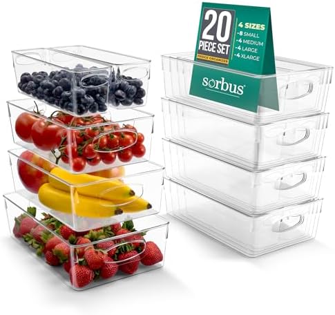 Sorbus Fridge Organizers and Storage, Clear Bins (20 Pack) | Plastic bin with easy access for cabinets, packaged food, produce and household supplies; contents stay visible for sorting