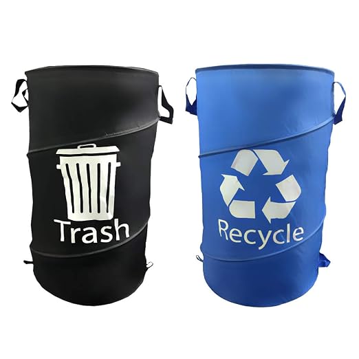 33 Gallon Blue and Black Glass Pop Up Trash and Recycling Container 2 Pack Bundle