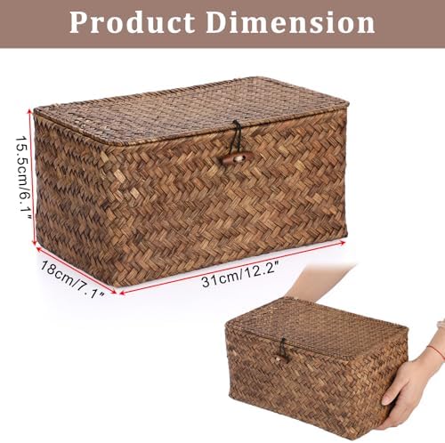 Sumnacon Wicker Basket with Lid,Tampon Holder for Bathroom,Coffee,Medium | Natural Seagrass Female Product Organizer for Toiletries Pad Tampon Storage,Farmhouse Woven Baskets for Shelf, Toilet Tank