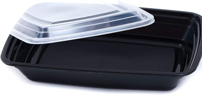 56oz Rectangular Microwavable Black Plastic Meal Prep Containers with Clear Lids - Food Storage Container - Certified BPA-Free, Stackable, Reusable Microwave, Dishwasher Safe, Disposable (150)
