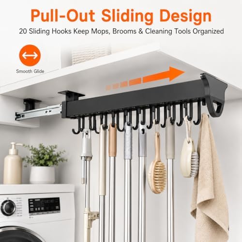 Sliding Broom Storage Rack, Shelf Broom Pull Out with 20 Removable Hooks | 66 lbs Broom Organizer stand for Home Laundry Wardrobe Kitchen Garage Cupboard