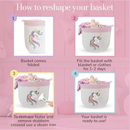 Unicorn Baby Storage Basket, Woven Cotton Rope Nursery Bin, 15x11 in | Stuffed Animal and Blanket Storage, Soft Felt Unicorn Patch, Baby Girl Room Decor, Shower Gift, Kids Playroom Organizer