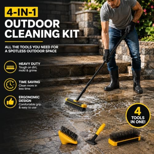 Gardenised 4-in-1 Durable Crack Weeder, Scraper, Moss & Debris Remover, and Cleaning Brush with 2 Replaceable Bristle Heads for Lawn, Patio, Driveway, Exterior Wall, and Yard Maintenance