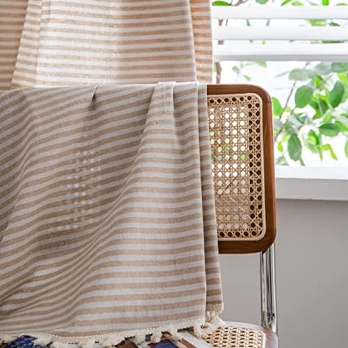 Sutuo Home Boho Curtain 84 Inches Length, Beige Stripes Print Curtain with Handmade Tassels, Rod Pocket Window Treatment Vintage Rustic Bohemian Farmhouse Drape for Bedroom 1 Panel 59" W x 84" L