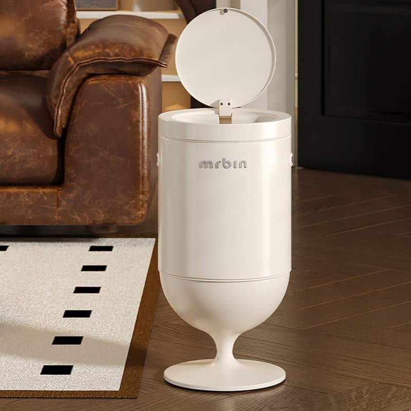 MRBIN Metal Bathroom Motion Sensor Trash Can with Lid, 5.3 Gallon Wine Glass Shaped Automatic Waste Basket Touchless, Smart Round Tall Garbage with High Leg for Office, Bedroom, Kitchen, Cream White