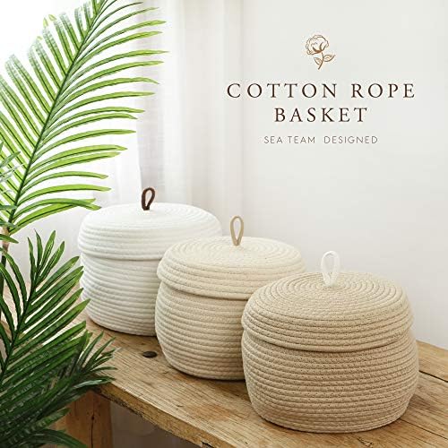 Sea Team Round Woven Cotton Rope Storage Basket with Lid, Cream, 2-Pack | Lidded Knitted Decorative Storage Bin, Pot, Caddy, Organizer, Container for Snacks, Towels, Plants, 10 x 7.5 Inches