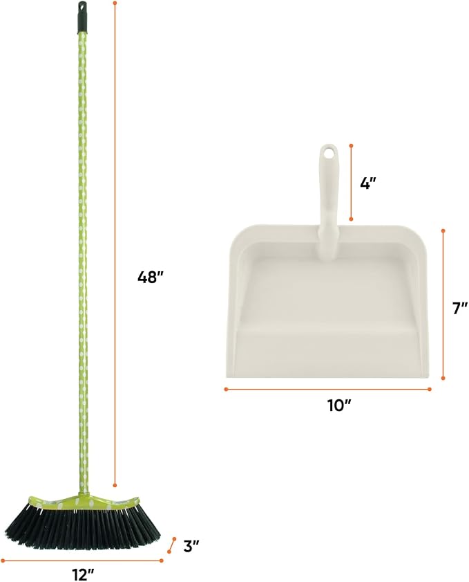 Superio Polka Dot Broom and Dustpan Set, Indoor & Outdoor Cleaning Set with Durable White Plastic Dustpan, Lightweight Household Floor Cleaning Set for Home, Kitchen, Office & Garage, Green/White