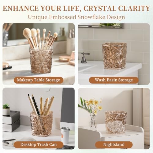 2-Piece Snowflake-Textured Acrylic Trash Can Set with 150 Drawstring Bags, 4 Gallon Gold Press-Lid Wastebasket and Small Open-Top Desktop Bin for Bathroom, Bedroom, Office, Brown