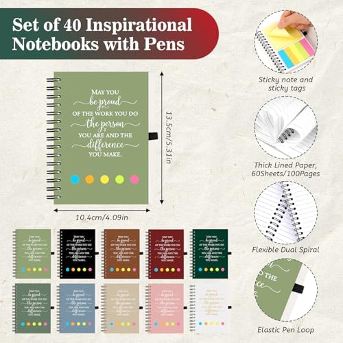 40 Sets Employee Appreciation Gifts Bulk Inspirational Spiral Notebook Journal with Sticky Notes Bamboo Pen Back to School Gifts for Students Teacher Nurse Coworker Office Team Housekeeping Staff