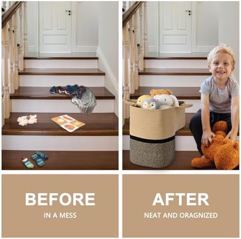 Stair Basket for Wooden & Carpeted Stairs, Foldable Cotton Rope Step Basket with Handles, Staircase Storage Organizer, Brown&Black, 15" Lx 10" W x 15" H