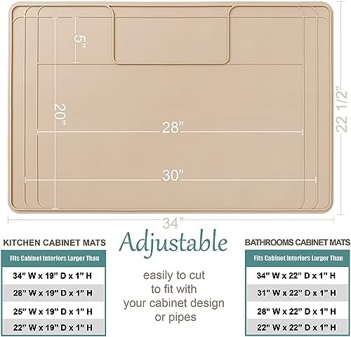 The Original Under Sink Mat - Silicone Waterproof mat, Trimmable, Easy to Clean, Kitchen cabinet liner, Under sink protector mats, Drip Tray with Lip - 34" x 22" or smaller - Beige