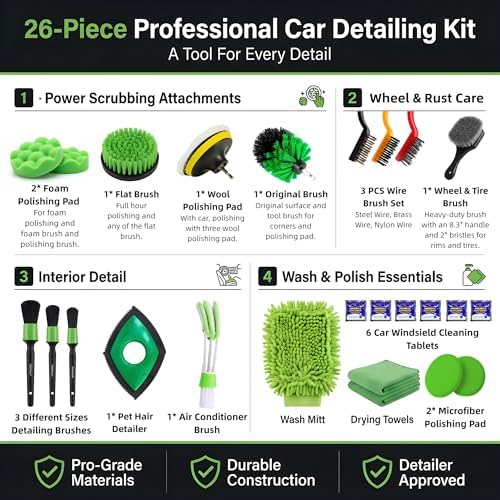 26Pcs Car Detailing Kit – Car Cleaning Kit, Drill Brush for Car Seats Detailing, Car Detailing Brush Set, Car Cleaning Supplies, Car Wash Mitt, Car Wash Brush, Car Wash Sponges, Wheel Brush