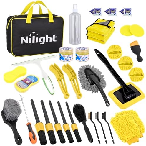 Nilight 37PCS Car Detailing Kit for Interior Exterior Car Care, Yellow | car wash cleaning kit with storage bag, Deep Clean Car Care Glass Windshield Dashboard Seat Air Vents Wheels Tires