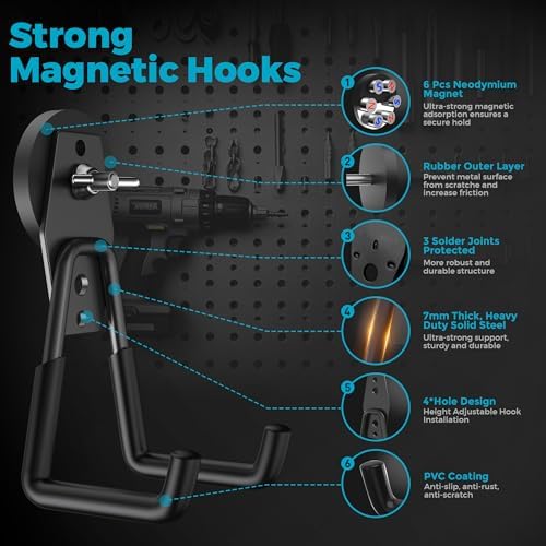 Large Strong Magnetic Hooks Heavy Duty Garage Big Magnet Hooks Extra Strength Magnetic Utility Storage Hook Hanger with Anti Slip Coating for Garden Indoor Outdoor Hanging Tools Black 2 Pack