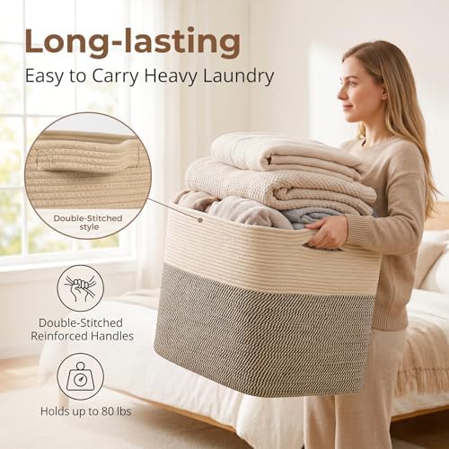 OIASKET 108L Cotton Rope Storage Basket for Living Room and Bedroom 25"x16"x16" Woven Laundry Basket, Heavy Duty Bin for Blankets, Pillows & Toys, Pet-Safe & Scratch-Free, Brown and Black