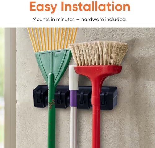 Superio Mop and Broom Holder Wall Mount Storage Organizer for Kitchen, Garage, Garden, 3 Slots (Black)