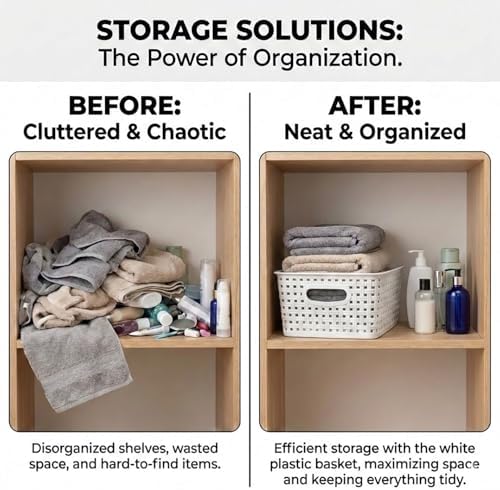 8 Pack White Storage Baskets, Plastic Woven Organizer Baskets, Stackable Shelf Baskets for Closet, Pantry & Bathroom