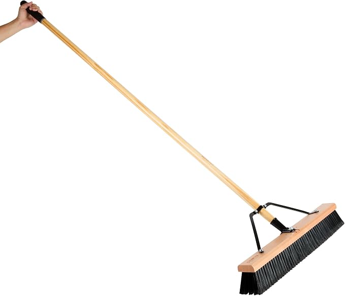 Restaurantware-Clean Tek Professional 24 Inch Push Broom, 1 Heavy-Duty Broom With 60” Handle - Fine Plastic Bristles, Durable, Wooden, Commercial Use, For Deck, Driveway, Garage, Yard, Patio