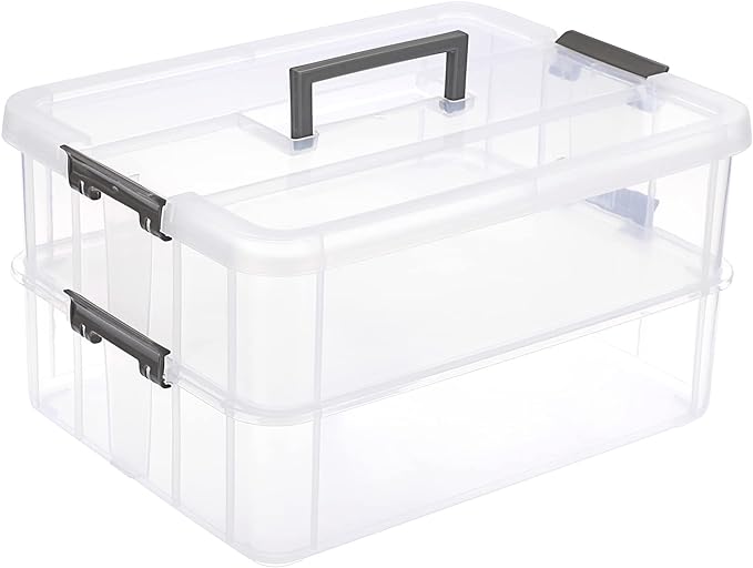 JUXYES 2-Tiers Plastic Stack Carry Storage Containers Box wih Handle Lids | Clear Stackable Latching Craft Storage Bin for School Office, Organizing Stationery, Sewing, Art Craft, DIY Supplies, Gray