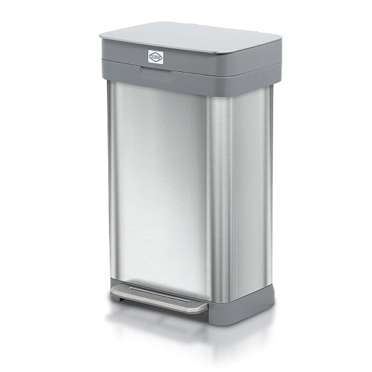 Clorox 13 Gallon Trash Can - 50L Kitchen Trash Can with Wide Step Pedal - Rectangular Stainless Steel Garbage Bin with Hinged Rim and Odor Protection