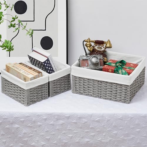 Vagusicc Wicker Basket, Set of 3 Hand-woven Storage Baskets for Organizing, Decorative Rectangle Wicker Storage Basket Bins with Handles, Small Toilet Paper Storage Baskets for Shelves & Decor, Grey