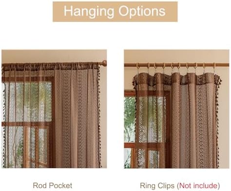 Sutuo Home Dark Coffee Lace Boho Curtains for Kitchen Nursery, Crochet Semi Sheer Macrame Bohemian Cottage Farmhouse Fringes Vintage Chic Window Treatment Drapes, Rod Pocket 1 Panel 59" W x 63" L