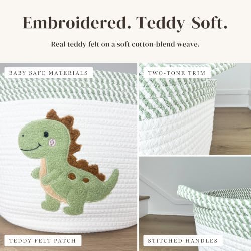 Dinosaur Baby Storage Basket, Woven Cotton Rope Nursery Bin, 15x11 in | Stuffed Animal and Blanket Storage, Soft Felt Dinosaur Patch, Baby Nursery Decor, Baby Shower, Kids Playroom Organizer
