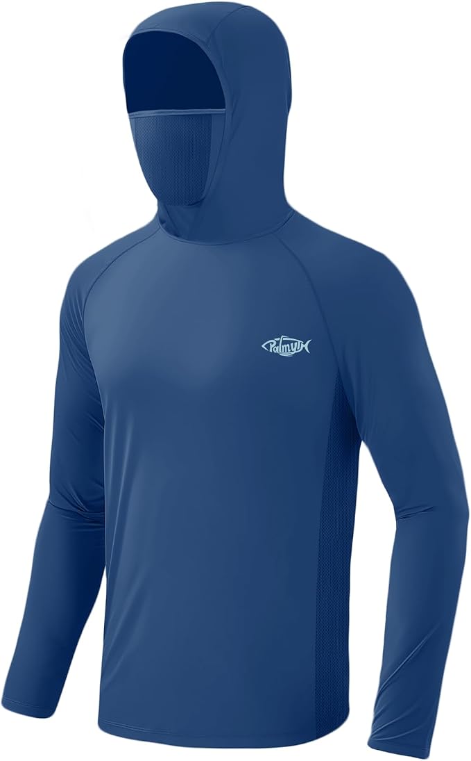 Palmyth Men's Fishing Hoodie UPF 50+ Long Sleeve with Face Mask Neck Gaiter | Zipper Pocket, Thumb Loops, Quick-Dry, Side Mesh Panels, Lens Cleaning Cloth