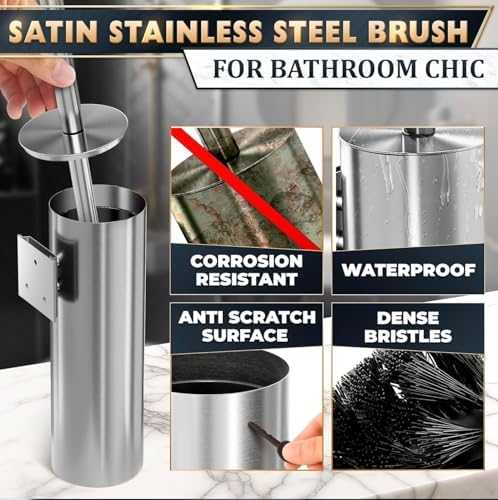 Silver Toilet Brush and Holder Set, Stainless Steel (Wall Mounted) | Bathroom Trash Can and Toilet Brush Set, Splash Protection & Dense Bristles, Corrosion-Resistant, Fits Most Standard Toilets
