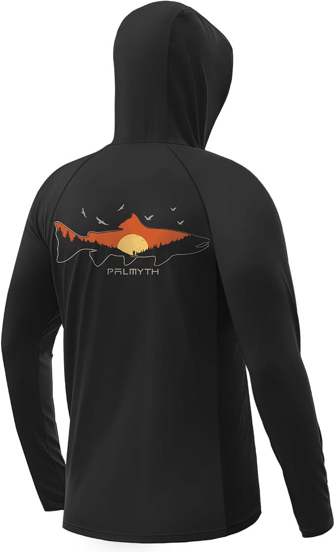 Palmyth Men's Fishing Hoodie UPF 50+ Long Sleeve with Face Mask Neck Gaiter | Zipper Pocket, Thumb Loops, Quick-Dry, Side Mesh Panels, Lens Cleaning Cloth