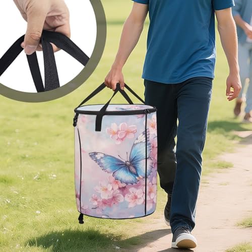 doginthehole Pink Floral Butterfly Collapsible Garbage Can 23 Gallons Trash Can Outdoor Waterproof Recycling Bin Storage Bag Holder Trash Bin with Lid, 22.83x17.71 in