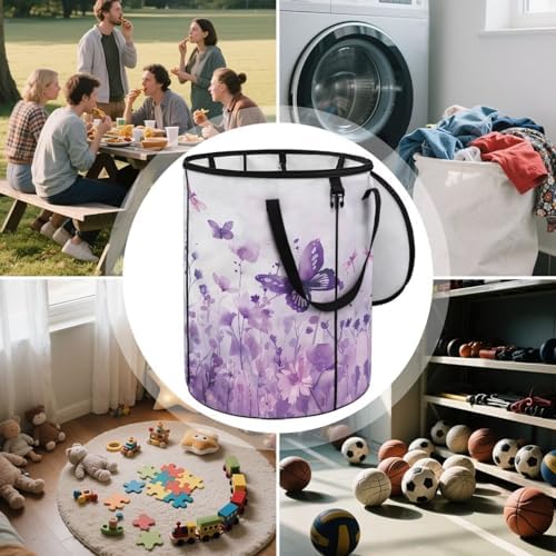 doginthehole Watercolor Purple Floral Butterfly Trash Can with Lid 23 Gallon, 22.83x17.71, Outdoor Recycling Bin Large Trash Can Outside Garbage Storage Bag for Camping Travel Beach