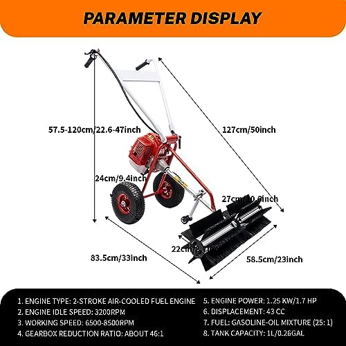 43CC 1.7HP 2-Stroke Gas Power Brush Broom Sweeper Driveway Turf Grass Snow Cleaning Grit, 1250W Artificial Grass Brush Power Broom Handheld Portable Turf Lawn Sweeper
