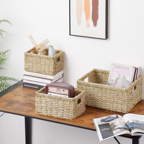 Vagusicc Wicker Basket, Set of 3 Hand-woven Storage Baskets for Organizing, Seagrass Wicker Storage Basket Bins with Handles, Small Toilet Paper Storage Baskets for Shelves Pantry Baskets (Seagrass)