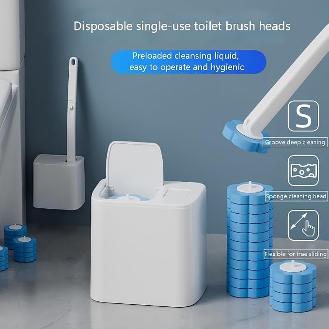 Disposable Toilet Brush with Holder, Wall Mounted Hygienic Cleaner | Auto Open Lid, Preloaded Cleaning Liquid, Sponge Brush Heads, Dust-Proof Storage, Touch-Free Access
