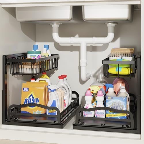 AceMining 2 Pack Under Sink Organizer, 2 Tier Pull Out Cabinet Storage Rack | Under Bathroom Sink Organizer for Kitchen Cabinet, Bathroom Vanity and Under-Cabinet Storage