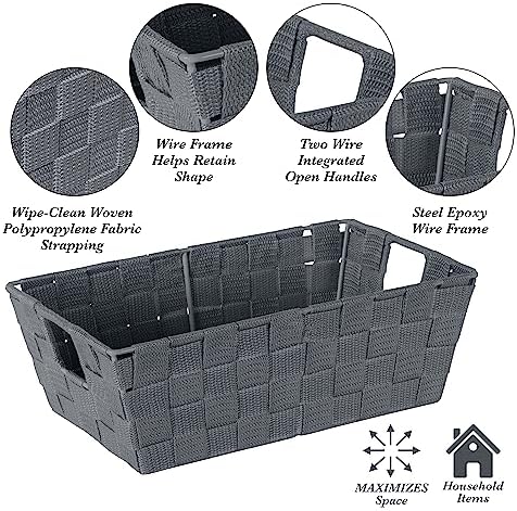 Simplify Small Shelf Woven Strap Tote | Decorative Storage Basket | Built in Handles | Organization | Closet | Bedroom | Bathroom | Nursery | Accessories | Toys | Gifts | 4 Pack | Grey