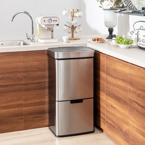 Goplus 19 Gal Motion Sensor Trash Can, 72 L Volume in 4 Containers, Touchless Trash Bin w/Kitchen Waste Bin & 2 Bottom Recycling Bins, Stainless Steel Garbage Can w/Soft Close Lid, Battery Operated