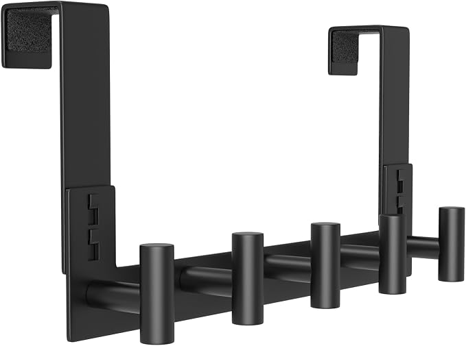 PMMASTO Door Hanger for 1-3/4 Inch Doors, Black- 5 Hooks, T Shape | Stainless Steel Door Hooks Organize Coats Towels Robes in Bathrooms Bedrooms Closets