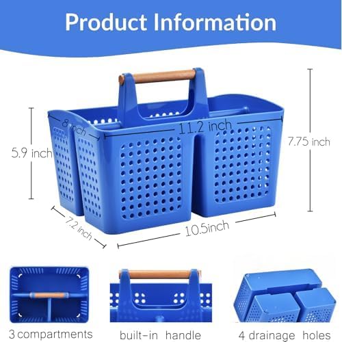 Portable Shower Caddy Basket with 3 Compartments and Handle, Deep Blue | Plastic Divided Toiletry Caddy Organizer for College Dorms, Shared Bathrooms, Gyms, Locker Rooms, Pools and Travel