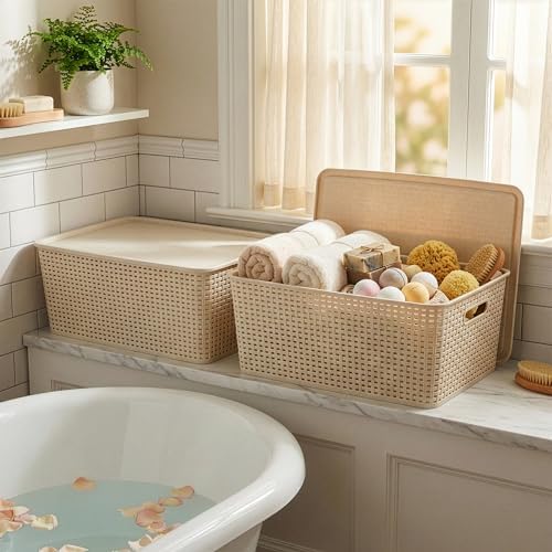 BINO | Plastic Storage Baskets with Lids, 33 Liter - 3 Pack, Natural | THE WOVEN COLLECTION | Storage Basket for Shelves | Woven Storage Baskets for Organizing Bins | Pantry Shelf Organizer Bin
