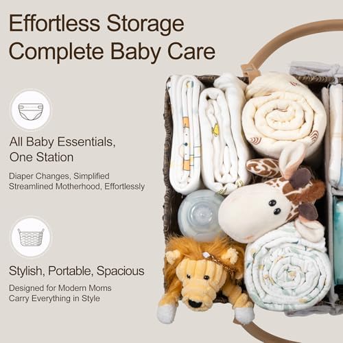 HBlife Baby Diaper Caddy Organizer, Portable Scalloped Plastic Wicker Woven Basket with Divider, Nursery Diaper Station, Baby Shower Gifts Basket, Car Organizer, Washable Waterproof
