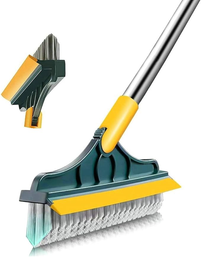 2 in 1 Floor Brush Scrubber with Long Handle Grout Brush 3 Poles 53.5'' New Upgrade Stiff Bristle Cleaning Scrub Brush with Squeegee 120°Rotating Tile Brush for Cleaning Bathroom Glass Patio Kitchen