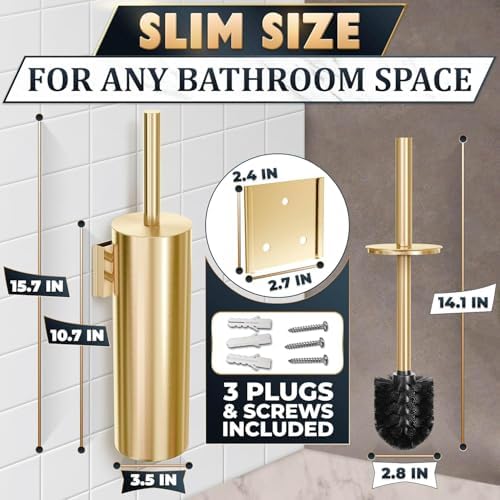 Gold Toilet Brush and Holder Set, Stainless Steel (Wall Mounted) | Toilet Brush with Holder Set, Splash Protection & Dense Bristles, Strong Vacuum Suction, Scratch- and Corrosion-Resistant