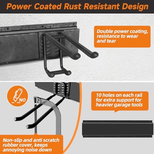 Garage Tool Organizer Wall Mount, Heavy Duty 48 Inch Garage Storage System with Adjustable Hooks, Garden Tool Rack for Shovel Rake Broom Snowboard Shed Organization
