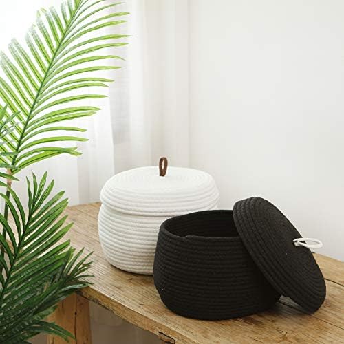 Sea Team Round Woven Cotton Rope Storage Basket with Lid, Black, 2-Pack | Lidded Knitted Decorative Storage Bin, Pot, Caddy, Organizer, Container for Snacks, Towels, Plants, 10 x 7.5 Inches