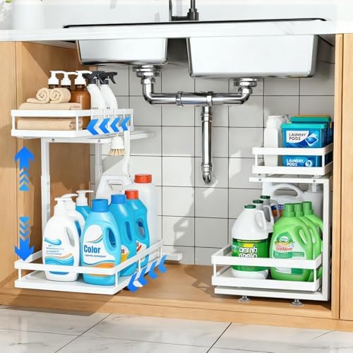 2-Tier Metal L-Shaped Pull-Out Under Sink Organizer, White, 2 Pack | 2 complete sets; ball-bearing slides; 6-level height; no-drill setup