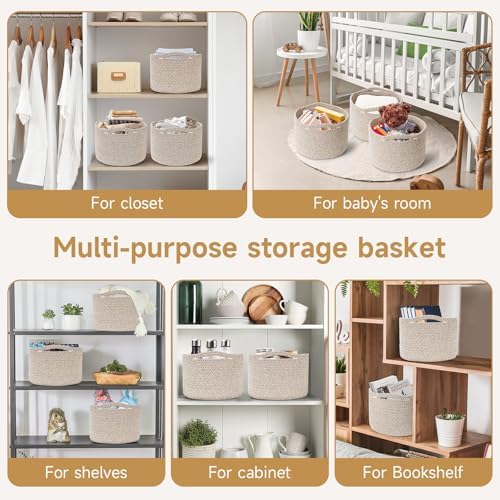 3 Pack Small Rope Storage Baskets, 9.82×9.82×7.1", Brown | Cotton Basket for Gifts Empty, Cute Round Woven Basket, Decorative Shelf Basket Organizer, Organizing Basket for Shelves